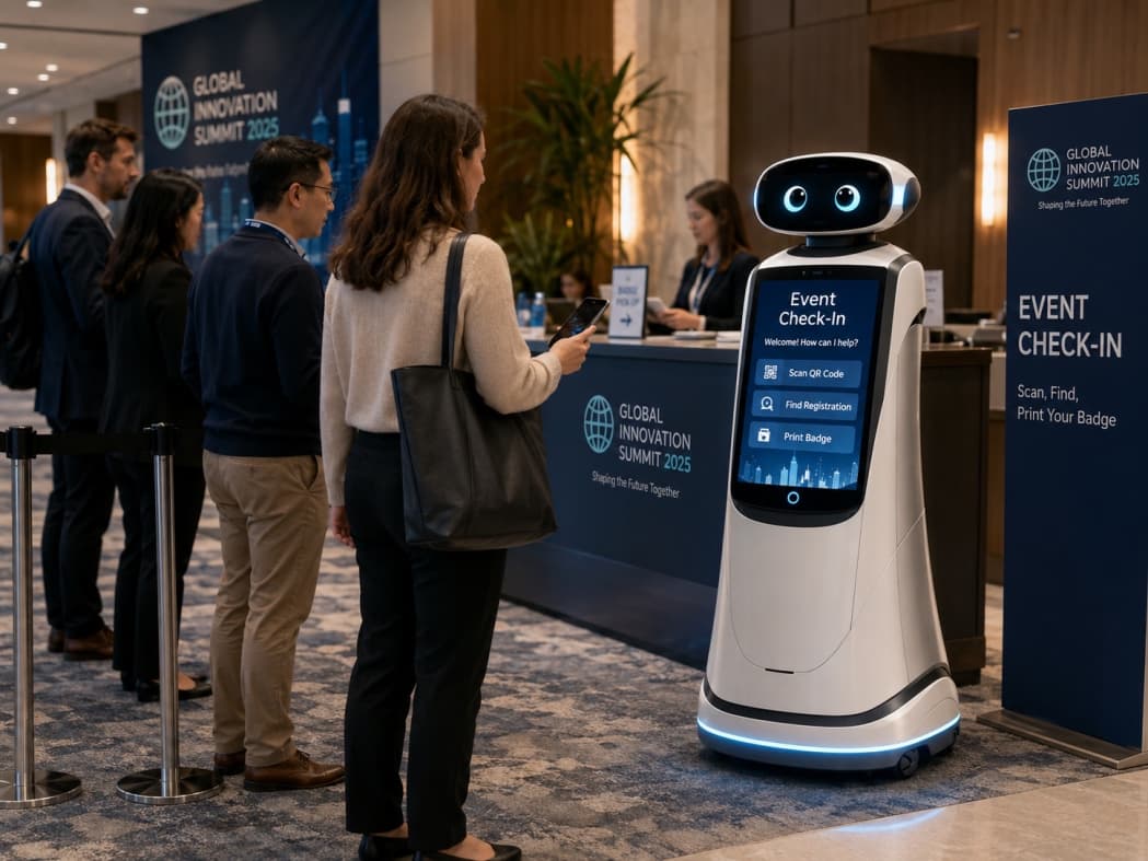 smAiT Jackie service robot checking in guests at a conference event