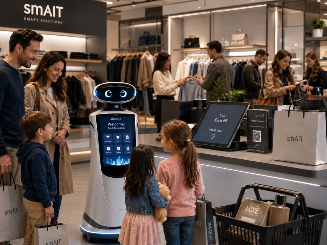Children and their family interacting with a smAiT Jackie robot in a store