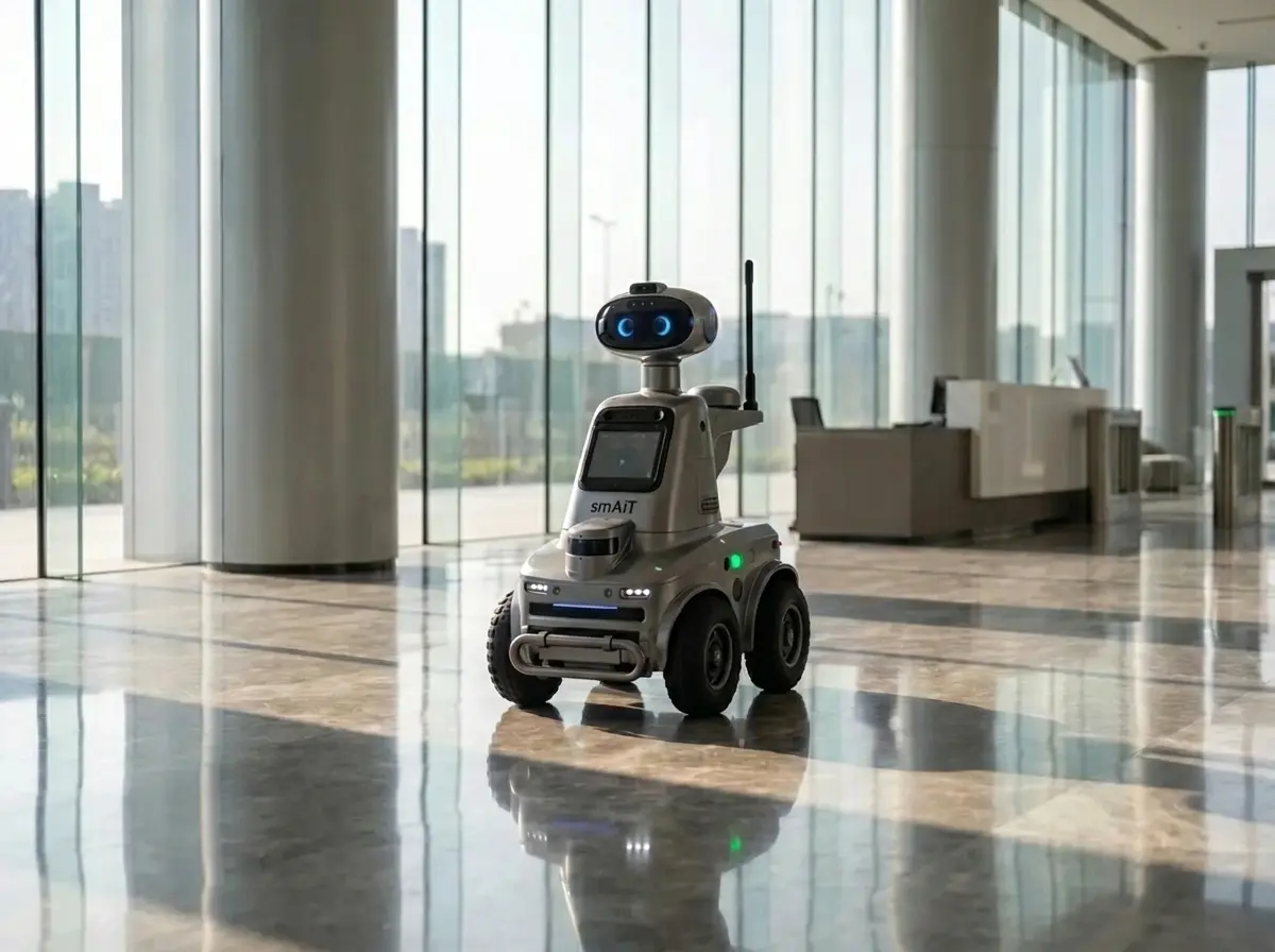 smAiT security patrol robot crossing a corporate glass lobby in daylight