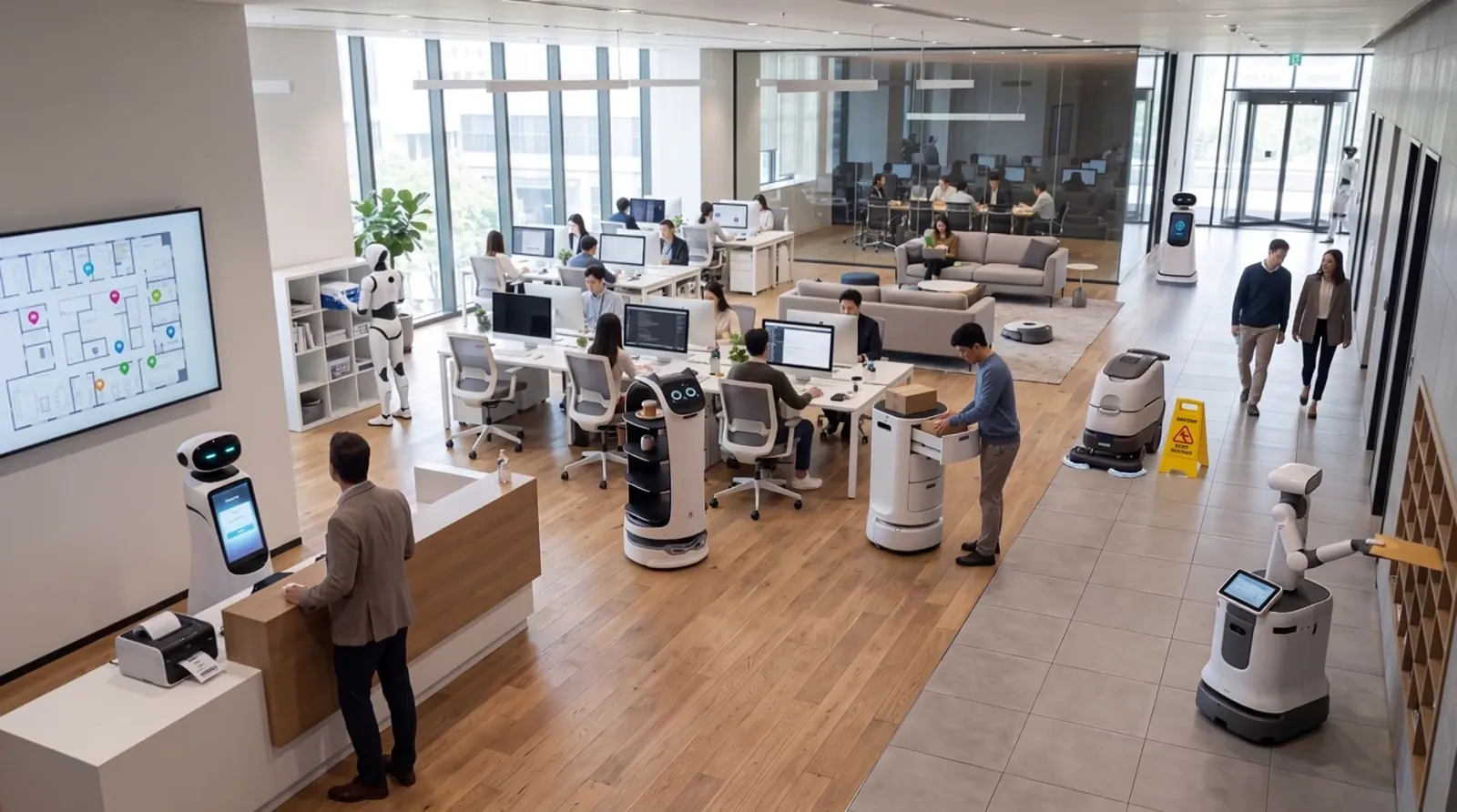 An open-plan enterprise office with several service robots on shift among staff at their desks