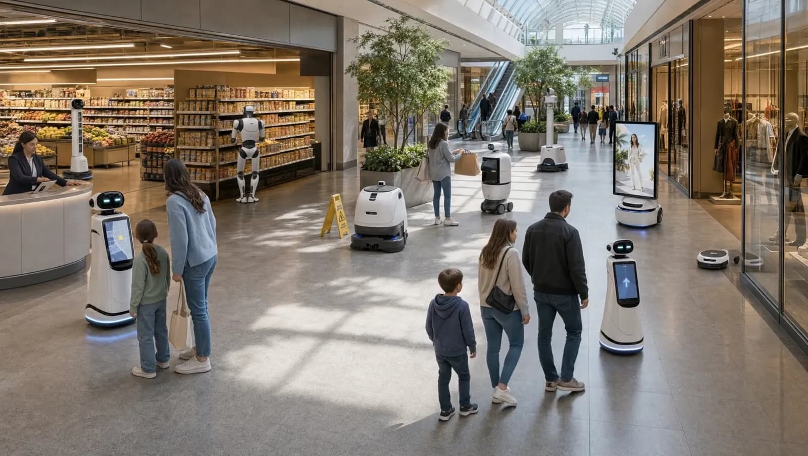 A mixed robotic workforce on shift across a shopping mall concourse — greeting, shelf replenishment, click and collect, stock transport, display, and cleaning robots working alongside shoppers and staff