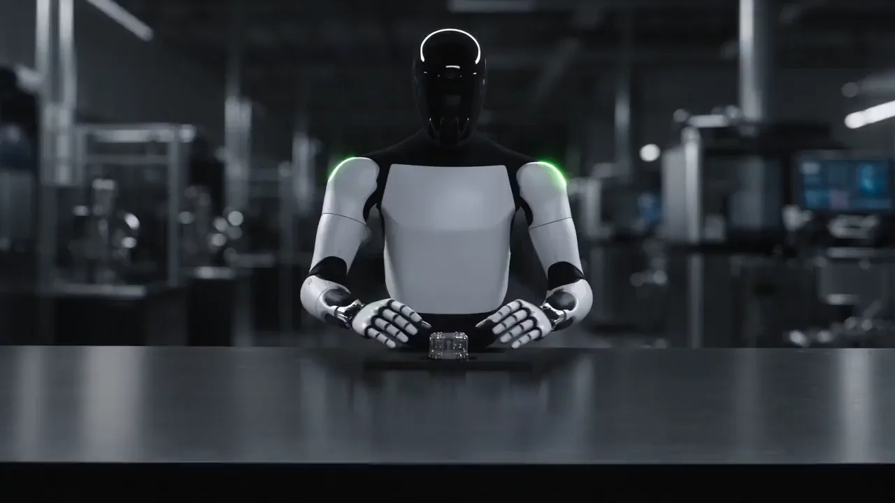 An unbranded humanoid robot at a workbench performing a precise two-handed task, lifting and inspecting a small component